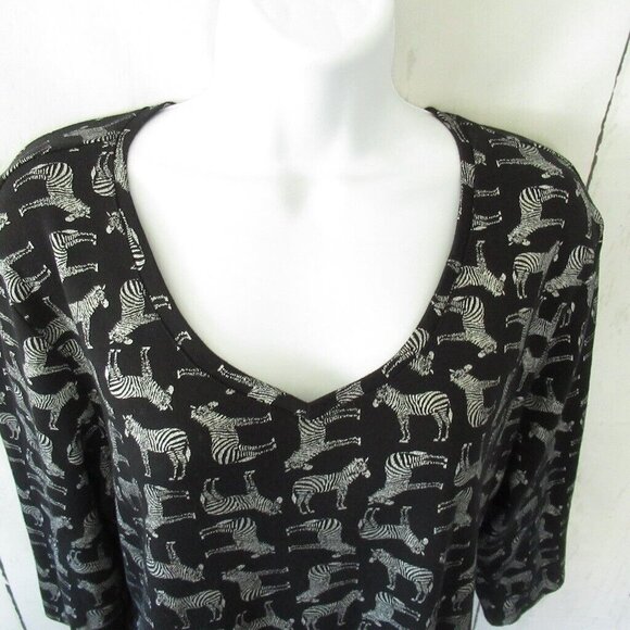 Karen Scott Top XXL 2XL Black Zebra Print V Neck 3/4 Sleeve - Picture 2 of 6